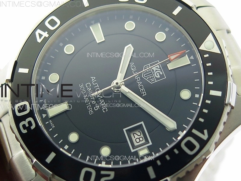 Aquaracer Calibre 5 41.5mm TARF 1:1 Best Edition Black Dial Black Bezel on SS Bracelet SW200